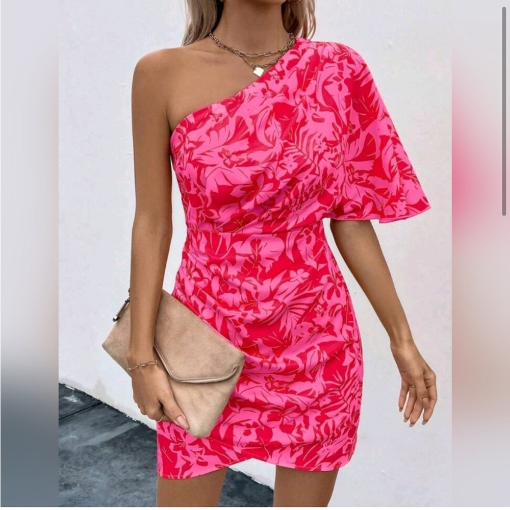New Tropical Floral One Shoulder Draped Short Dress Hot Pink Red